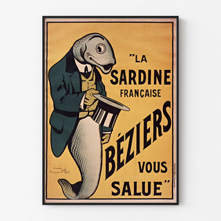 Vintage poster La Sardine française, Béziers, gepresenteerd in een smal kader tegen een lichte muur.