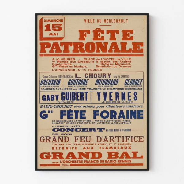 Vintage poster Le Merlerault, dorpsfeest, gepresenteerd in een smal kader aan een lichte muur.