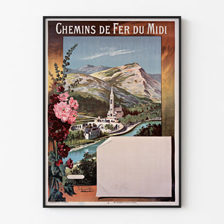 Vintageposter Lourdes, chemins de fer du Midi, gepresenteerd in een smal kader aan een lichte muur.