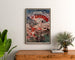 Vintage poster Luchon, casino en kuur, ingelijst boven een houten dressoir, tussen planten.