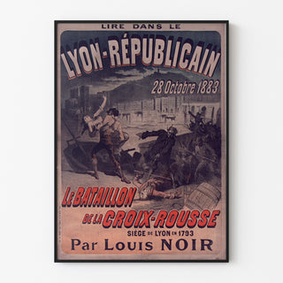 Vintage poster Lyon Républicain, Bataillon Croix-Rousse, in een smal lijstje aan een lichte muur.