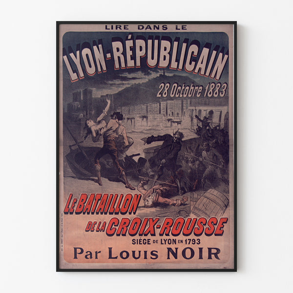Vintage poster Lyon Républicain, Bataillon Croix-Rousse, in een smal lijstje aan een lichte muur.