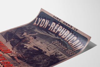 Vintage poster Lyon Républicain, Bataillon Croix-Rousse, gepresenteerd op een gebogen blad, perspectivisch gezien.