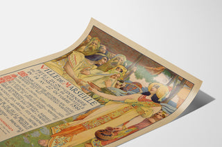 Vintageposter Marseille, Fêtes du Centenaire, gepresenteerd op een licht gekromde pagina in perspectief.