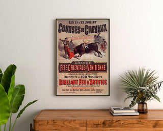 Vintage Mont-de-Marsan poster, festivals and races, framed above a wooden dresser between plants.