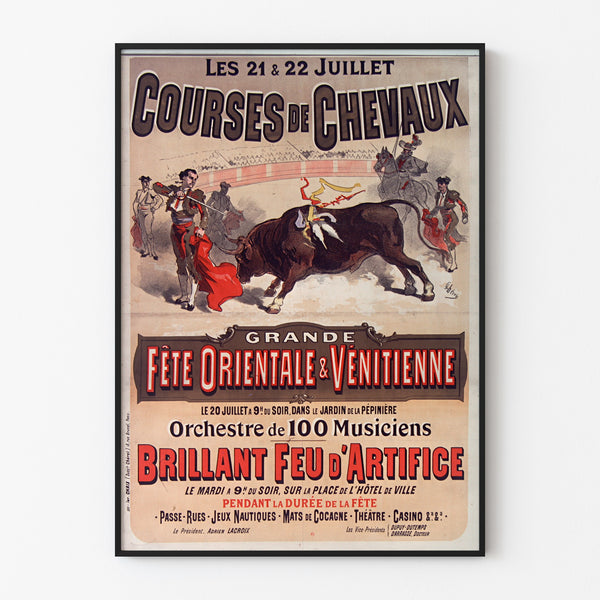 Vintage poster Mont-de-Marsan, feesten en wedstrijden, gepresenteerd in een smal lijstje aan een lichte muur.