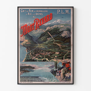 Vintageposter Mont-Revard, tandradspoor, in een smal lijstje aan een lichte muur.