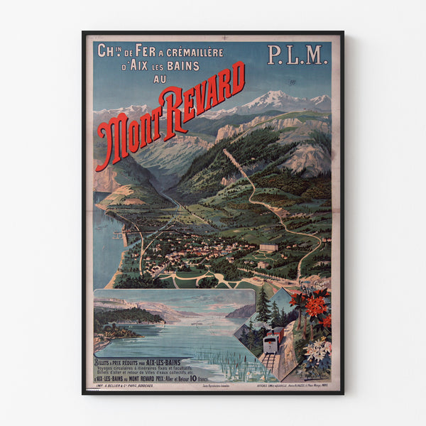 Vintage Mont-Revard poster, rack railway, displayed in a thin frame on a light wall.
