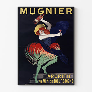 Vintage Mugnier-poster. Apéritif au vin de Bourgogne, gepresenteerd in een smal frame aan een lichte muur.