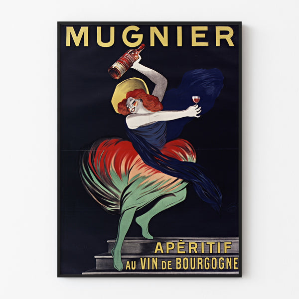 Vintage Mugnier-poster. Apéritif au vin de Bourgogne, gepresenteerd in een smal frame aan een lichte muur.