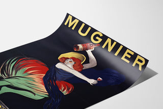 Vintage Mugnier-poster. Apéritif au vin de Bourgogne, gepresenteerd op een gebogen vel, schuin gefotografeerd.