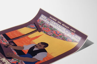 Vintage poster Mulhouse, lithografische expositie, gepresenteerd op een gebogen vel, perspectiefzicht.