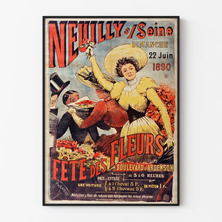 Vintage poster Neuilly, bloemenspektakel, 1890, in een slank kader aan een lichte muur.