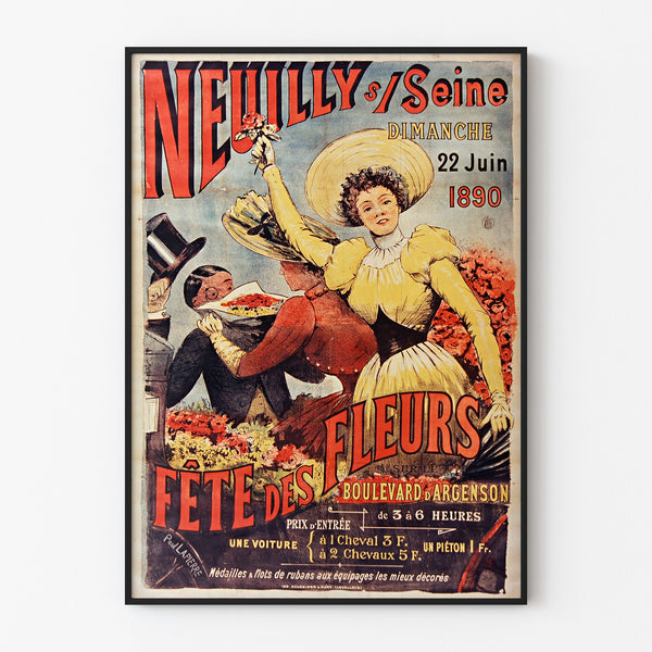 Vintage poster Neuilly, bloemenspektakel, 1890, in een slank kader aan een lichte muur.