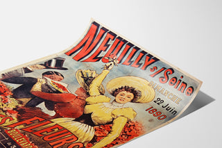 Vintage poster Neuilly, bloemenspektakel, 1890, gepresenteerd op een licht gebogen blad, perspectivische weergave.