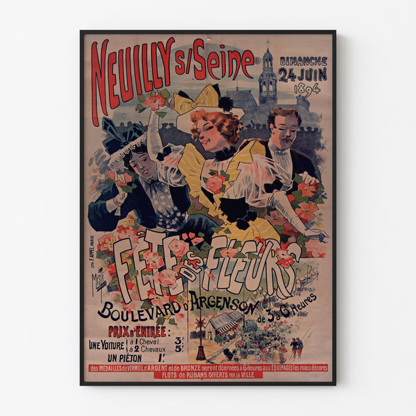 Vintage poster Neuilly, bloemenspektakel, 1894, in een slank kader aan een lichte muur.