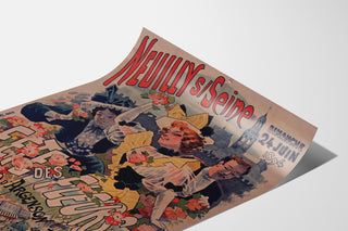 Vintage poster Neuilly, bloemenspektakel, 1894, gepresenteerd op een licht gebogen blad, perspectivische weergave.