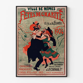Vintage poster Nîmes, liefdadigheidsfeesten, gepresenteerd in een smal kader tegen een lichte muur.