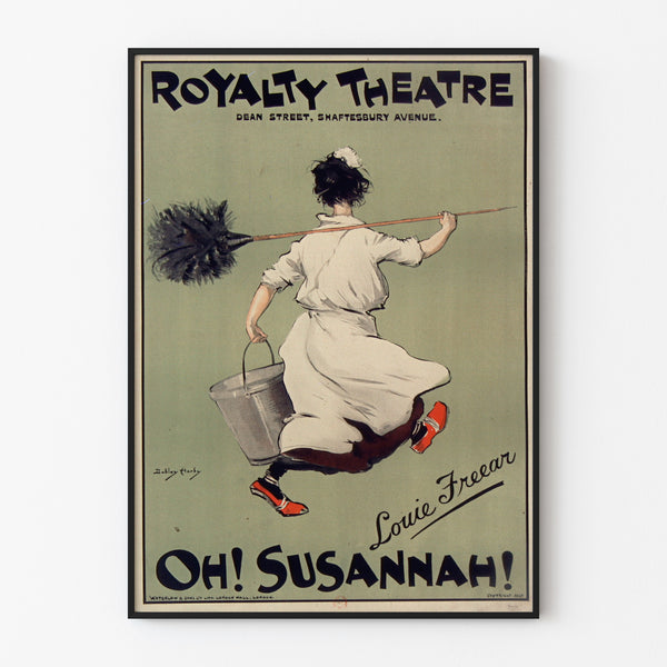 Vintageposter Oh! Susannah!, Royalty Theatre, getoond in een smal lijstje tegen een lichte muur.