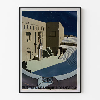 Vintage Orange poster, Roman theatre PLM, shown in a slim frame on a light wall.