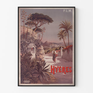 Vintage poster P. L. M. Hyères, gepresenteerd in een smal kader aan een lichte muur.