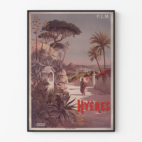 Vintage P.L.M. Hyères poster, shown in a slim frame on a light wall.