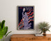 Vintage poster Paris 1937, Arts et techniques, ingelijst boven een houten dressoir, tussen planten.