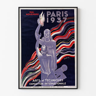 Vintage poster Paris 1937, Arts et techniques, gepresenteerd in een smal kader aan een lichte muur.