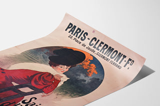 Vintage Paris–Clermont winter season poster, shown on a curled sheet, perspective view.