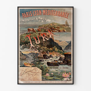 Vintage poster Paris Lyon Méditerranée, Jura, in een smal frame aan een lichte muur.