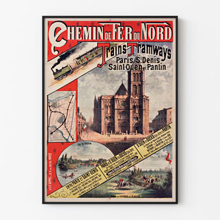Vintage poster Paris–Saint‑Denis, treinen en tramways, in een slank kader aan een lichte muur.