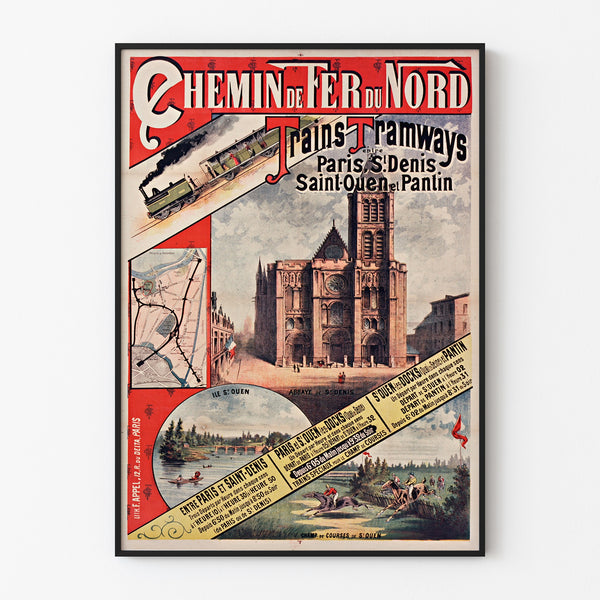 Vintage poster Paris–Saint‑Denis, treinen en tramways, in een slank kader aan een lichte muur.