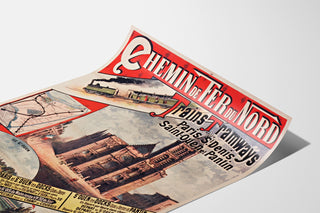 Vintage poster Paris–Saint‑Denis, treinen en tramways, gepresenteerd op een licht gebogen blad, perspectivische weergave.