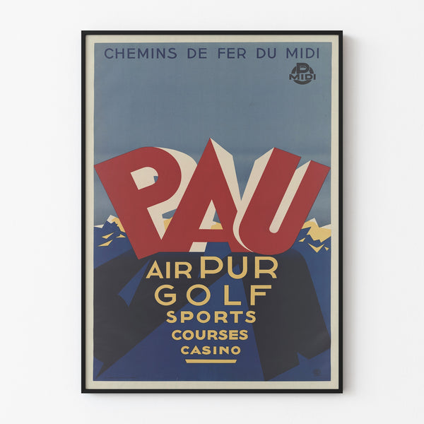 Vintage Pau poster, Golf et Sports, shown in a thin frame on a pale wall.