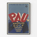 Vintageposter Pau, golf et sports, gepresenteerd in een smal kader aan een lichte muur.
