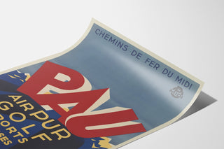 Vintageposter Pau, golf et sports, weergegeven op een gebogen blad, perspectiefzicht.