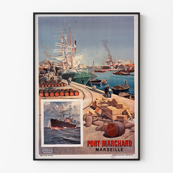 Vintage Port marchand. Marseille poster, displayed in a slim frame on a light wall.