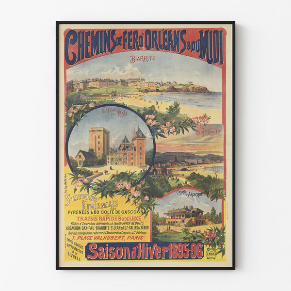 Vintage Pyrénées et Gascogne winter season poster, shown in a slim frame on a light wall.