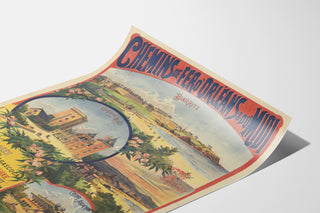 Vintageposter Pyrénées et Gascogne, winterseizoen, weergegeven op een gebogen blad, perspectiefzicht.