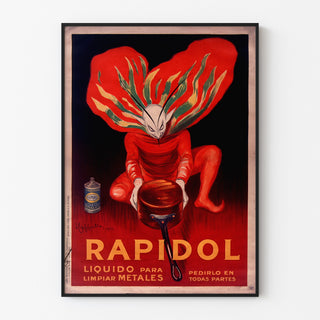 Vintage poster Rapidol, weergegeven in een smal kader aan een lichte muur.