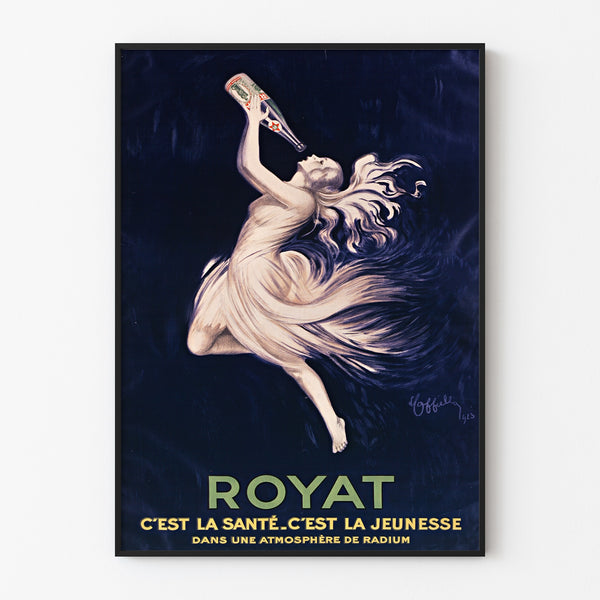 Vintage Royat poster, Santé et Jeunesse, shown in a thin frame on a pale wall.