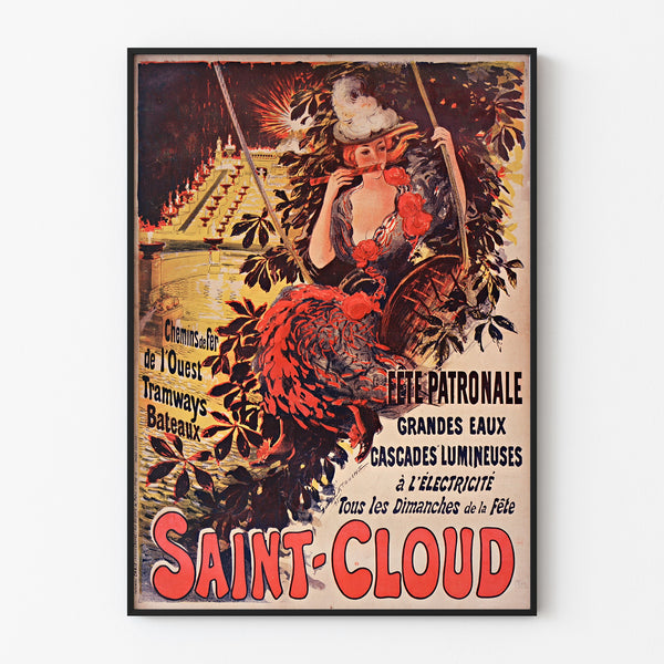 Vintage poster Saint-Cloud, dorpsfeest, in een slank kader aan een lichte muur.