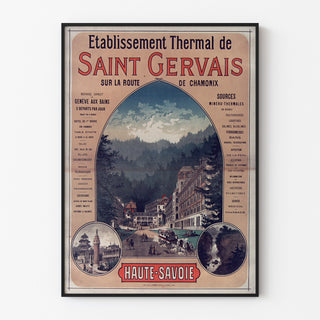 Vintage Saint-Gervais, spa establishment poster, displayed in a thin frame on a light wall.