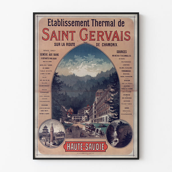 Vintage Saint-Gervais, spa establishment poster, displayed in a thin frame on a light wall.