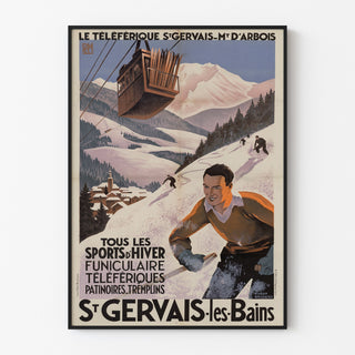 Vintageposter Saint-Gervais, Mont-d’Arbois, in een smal lijstje aan een lichte muur.