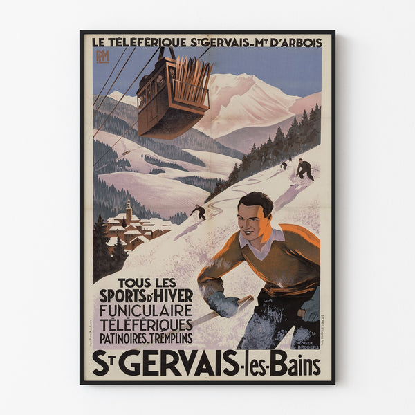 Vintageposter Saint-Gervais, Mont-d’Arbois, in een smal lijstje aan een lichte muur.