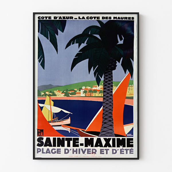 Vintage Sainte-Maxime poster, Côte des Maures, shown in a slim frame on a light wall.
