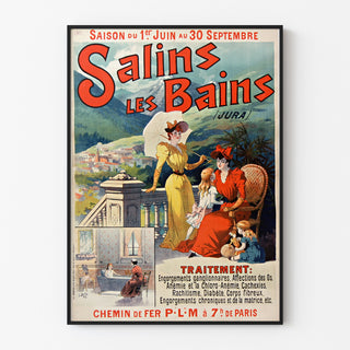 Vintage Salins‑les‑Bains (Jura) poster in a thin frame on a light wall.