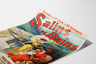 Vintage Salins-les-Bains (Jura) poster, shown on a curled sheet, perspective view.
