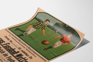 Vintage poster Sarreguemines, voetbalwedstrijd, gepresenteerd op een gebogen blad, perspectivisch gezien.